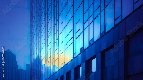 Reflection architecture modern office building glass facade city skyscraper blue urban exterior window corporate downtown business structure highrise commercial sky daylight tall steel design