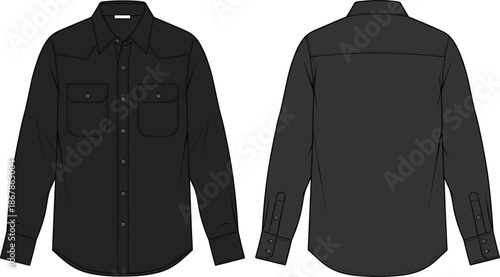 Men's Long Sleeve Western Shirt Technical Fashion Flat Sketch Template Vector Illustration Front and Back View Flap Pockets