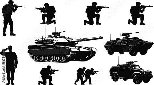 Military combat silhouettes set with soldiers tanks armored vehicles, modern warfare tactical army equipment collection, black vector illustration, isolated white background design