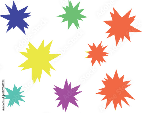 The image you described showcases a vibrant arrangement of nine starburst shapes, each rendered in a flat, vector-style illustration. The starbursts are characterized by their sharp, radiating points,