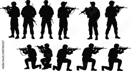 Military Soldiers Silhouettes Collection, Fully Armed Army Special Forces Unit Standing and Kneeling Poses, Tactical Equipment, Modern Weapons, Vector 