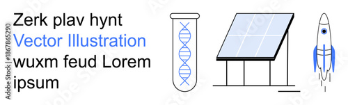 Science education, future technology, clean energy, genetic research, space exploration, innovation. DNA helix in a test tube, solar panel and rocket artwork. Science education and future technology