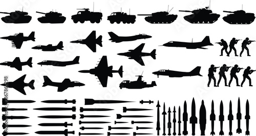 Military weapons silhouettes collection with tanks aircraft missiles soldiers, modern army warfare equipment set, combat defense forces black vector illustration