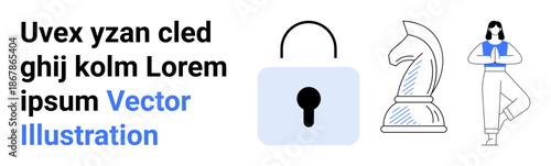 Digital security, mindfulness, strategy, wellness, lifestyle, intellectual challenges. Lock, chess knight person in yoga pose. Digital security and mindfulness concept