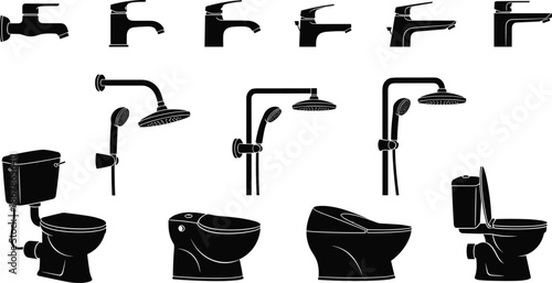 Modern Bathroom Fixtures Vector Illustration Silhouette Collection Set, featuring Toilets, Faucets, and Shower Heads, Isolated on White Background, Plumbing Equipment Icons, Household Water Taps,