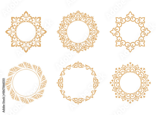 Set of decorative frames Elegant vector element for design in Eastern style, place for text. Floral golden and white borders. Lace illustration for invitations and greeting cards
