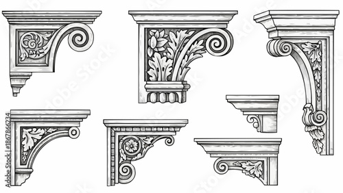 Collection of ornate architectural corbels and brackets with decorative carvings.