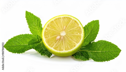 Fresh lime slice with green mint leaves on white