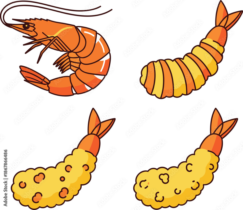 Obraz premium Fresh Shrimp and Crispy Fried Tempura Seafood Vector SetFresh Shrimp and Crispy Fried Tempura Seafood Vector Set