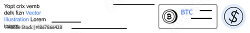 Cryptocurrency trading, digital finance, blockchain payments, currency conversion, fintech solutions, online transactions. Bitcoin icon and dollar sign connection. Cryptocurrency trading and digital