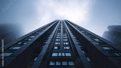 Skyscraper building low angle view with foggy sky background creating mysterious and dramatic atmosphere in cityscape