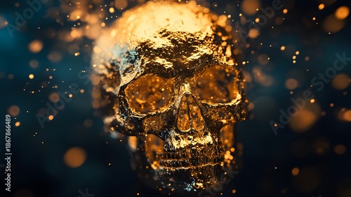 A gold human skull with glowing particles around it, against a dark background.