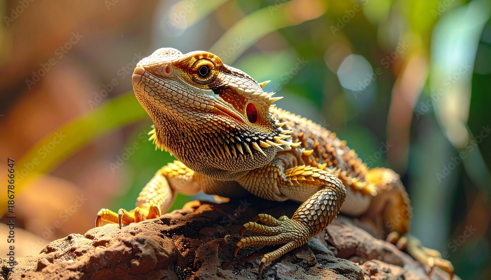 Obraz premium Bearded Dragon Close-up Portrait on Textured Rock with Soft Bokeh Background