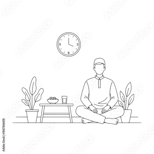 Muslim Man Waiting for Iftar Time with Dates and Water, Minimalist Line Art Illustration for Ramadan Coloring Page