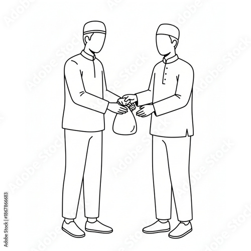 Two Muslim Men Giving and Receiving Charity or Zakat, Minimalist Line Art Illustration for Ramadan Coloring Page