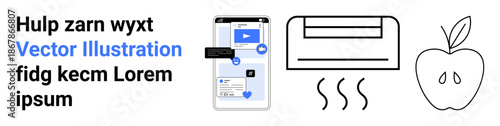Mobile app design, smart devices, indoor climate control, healthy living, minimalism, digital connectivity. Smartphone interface next to an air conditioner and an apple. Mobile app design and smart
