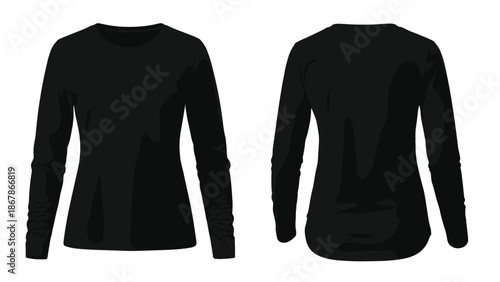 Blank Black Women Long Sleeve T-Shirt Mockup Front and Back View for Apparel Design, Fashion Template, Streetwear Clothing Brand, Isolated Vector