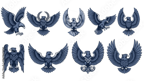 Majestic Eagle Crest Heraldry Collection, Patriotic Bald Eagle Mascot Illustration Set, Vintage Military Style Bird Emblems for Logos, Isolated Vector