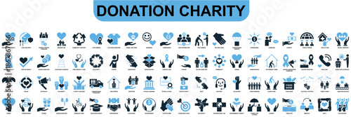Set of donation charity icon vector for fundraising apps. Ideal for philanthropy, volunteering, giving money, food drives, and non-profit organization symbols.
