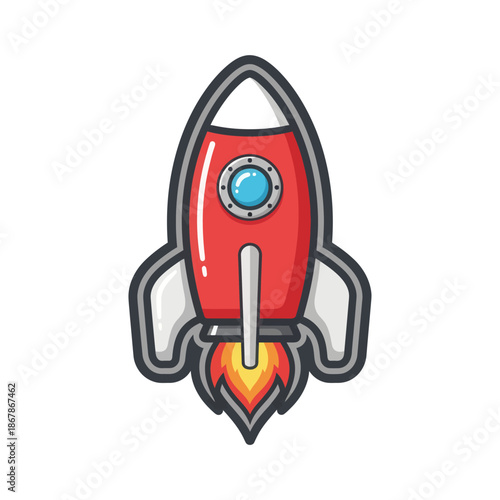 Red cartoon rocket ship blasting off with fiery exhaust, isolated on white background