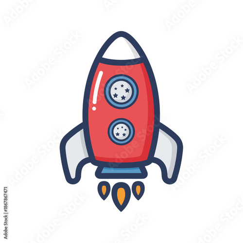 Cute cartoon rocket ship launching with fire, stars, and space theme