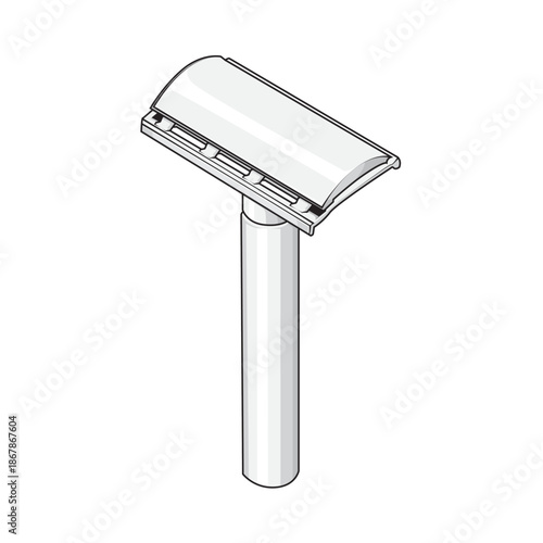 Realistic safety razor vector illustration. 3D style design of a classic men's shaving tool with a silver handle isolated on a white background. Perfect for hygiene, grooming, and barber shop design.