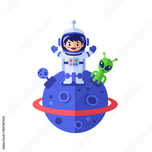Cute Astronaut and Alien on Planet, Space Exploration Cartoon Illustration