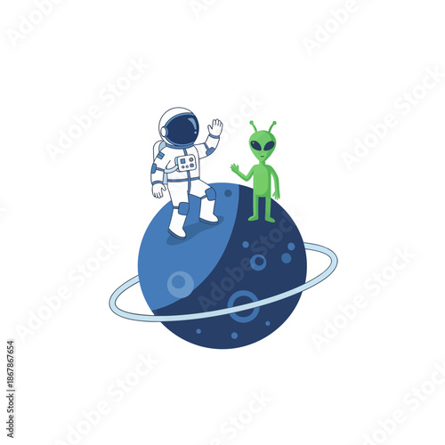 Astronaut and Alien Waving Hello on Planet Surface, Space Exploration, Sci-Fi Friendship Concept