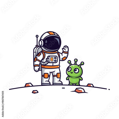 Astronaut and Cute Alien Waving on Moon Surface - Space Exploration Friendship