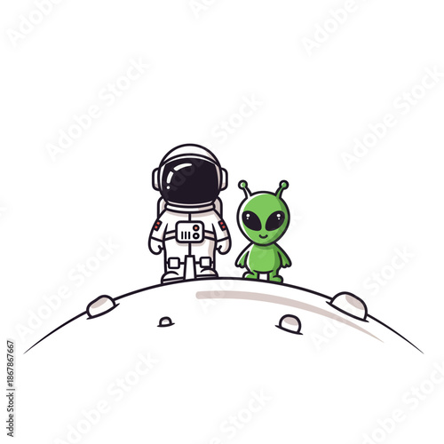 Cute Astronaut and Alien Friends on Moon Surface, Space Exploration, Sci-Fi Friendship