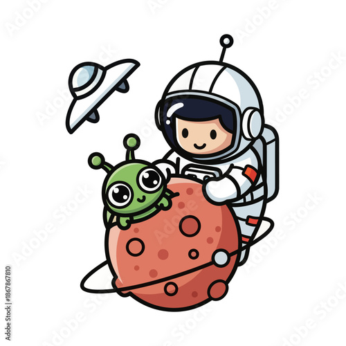 Cute Astronaut and Alien Friends on Mars with UFO
