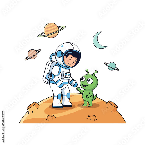 Friendly Astronaut Meets Cartoon Alien on Moon Surface with Planets and Crescent Moon