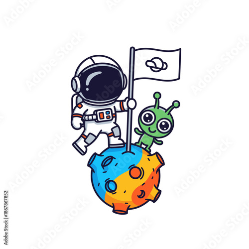 Cute Astronaut and Alien on Colorful Planet with Flag, Space Exploration Cartoon