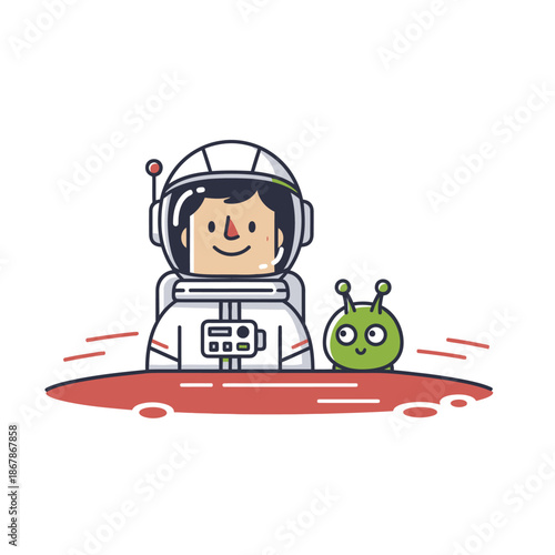 Cute Astronaut and Alien Friends on Mars Surface - Cartoon Illustration