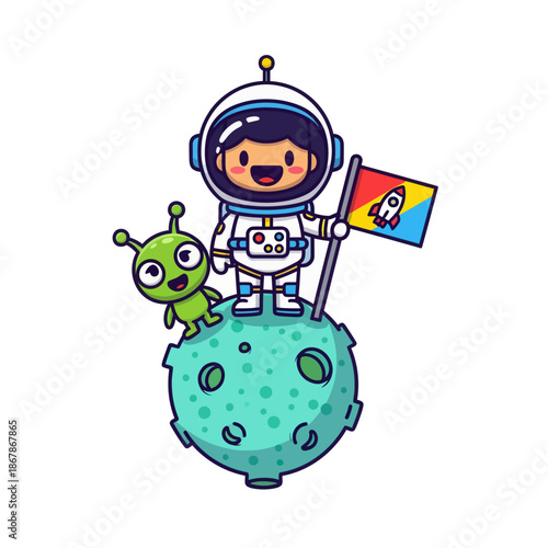 Cute Astronaut with Alien on Moon Holding Flag, Space Exploration Cartoon
