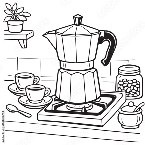 A cozy vector illustration of a coffee concept in the kitchen, featuring a moka pot on the stove, coffee beans, and a cup of coffee, creating a warm and inviting daily brewing scene.