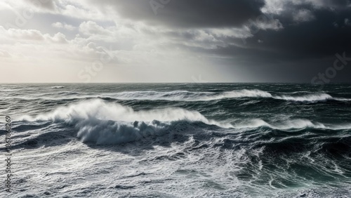 Dramatic seascape capturing turbulent ocean waves under a stormy sky landscape