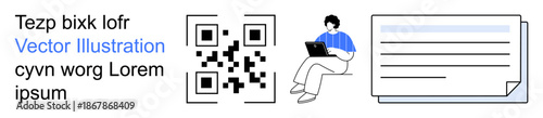 Technology, digital access, information sharing, QR codes, modern tech tools, remote work. QR code, seated person with laptop and document icon. Digital access and information sharing concepts
