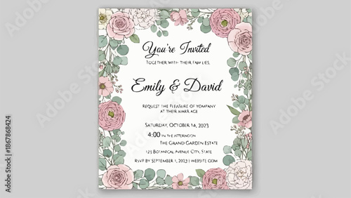 Elegant Floral Wedding Invitation with Names Emily and David.