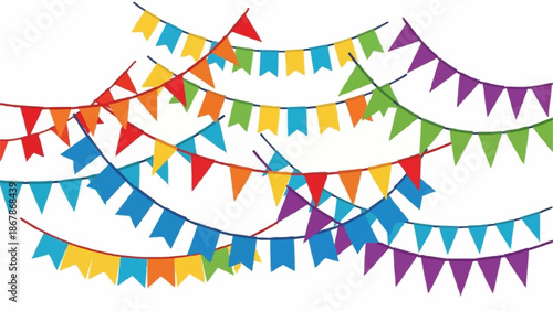 Colorful Party Bunting Flags Hanging on a White Background.