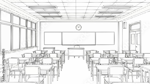 Empty Classroom Interior Sketch with Desks and Whiteboard.