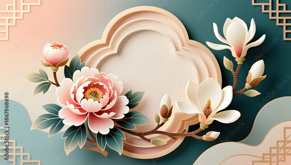 Naklejka premium New Chinese style background with layered peonies and magnolias