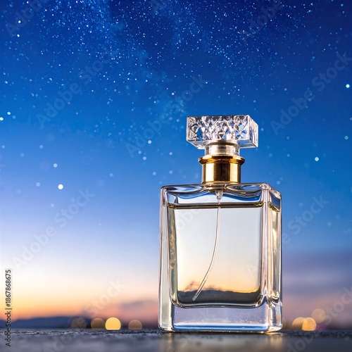 A beautifully designed glass perfume bottle with an ornate cap rests elegantly on a polished wooden table, reflecting soft light and shadows.