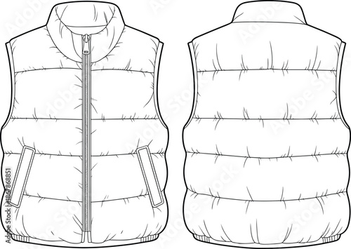Unisex Puffer Vest Technical Flat Sketch Template, Padded Gilet Vector Illustration, Front and Back View Fashion CAD for Design and Tech Packs