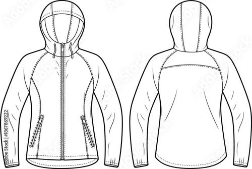 Women's Hooded Raglan Jacket Technical Flat Sketch, Zip-up Fleece Hoodie Vector Template, Front and Back View Fashion Illustration Design