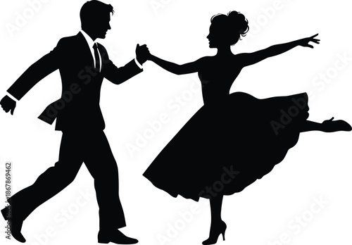 Elegant ballroom dance couple silhouette holding hands performing graceful classic routine black vector illustration isolated on white background for romantic design