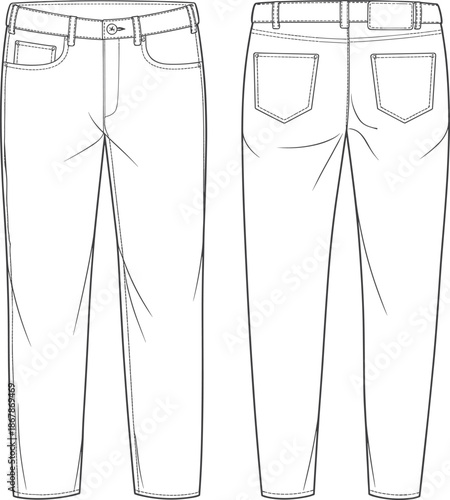 Women's Slim Fit Denim Jeans Technical Flat Sketch, Five Pocket Skinny Pants Vector Template, Front and Back View Fashion Illustration