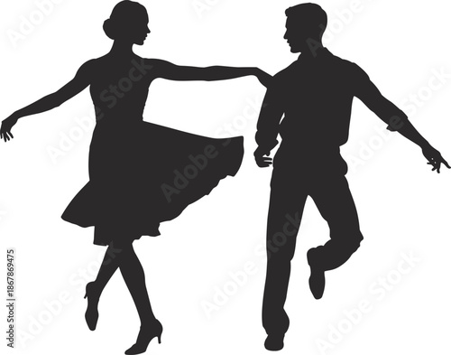 Elegant dance couple silhouette holding hands performing ballroom routine black vector illustration isolated on white background for romantic music design