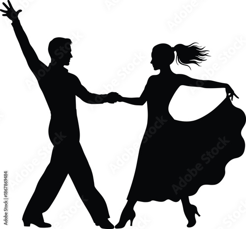 Elegant dance couple silhouette performing ballroom or tango routine black vector illustration isolated on white background for romantic music design