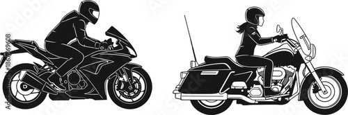 Motorcycle rider silhouettes featuring sport bike and touring cruiser motorcycles side view black vector illustration for transport racing travel design
